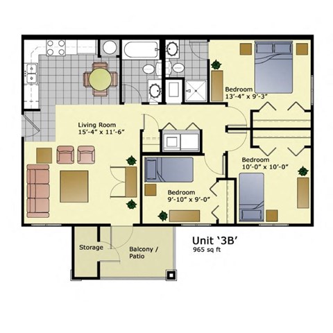 Floor plan for 3 beds, 2 baths, 965 sqft